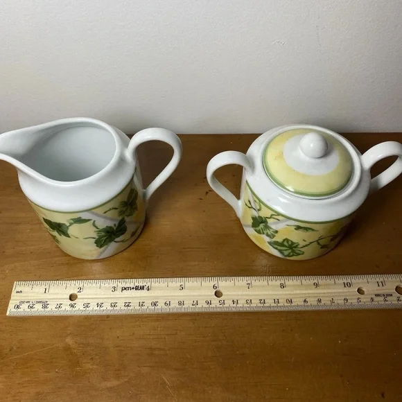 Waverly Gazebo Cream And Sugar Set Creamer Lemon Yellow Ivy Green Vintage 90’s - Picture 9 of 9